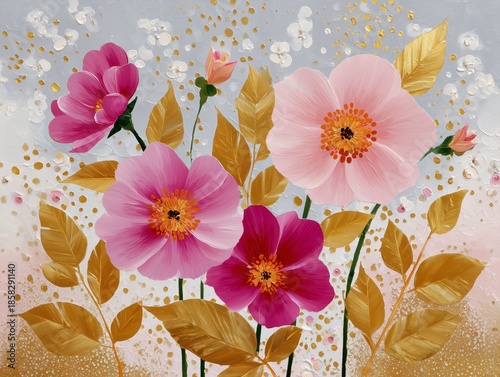 Flowers in various colors with green stems and gold leaves on a decorative background, wall art Poster in painting style