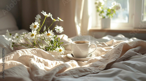 Morning Coffee and Daisy Flowers on Bed in Sunlit Bedroom