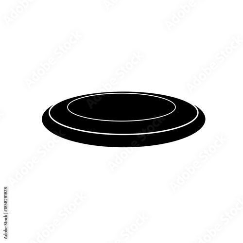Black flying disc silhouette vector illustration, top view, isolated on white background, minimal flat sports equipment design.