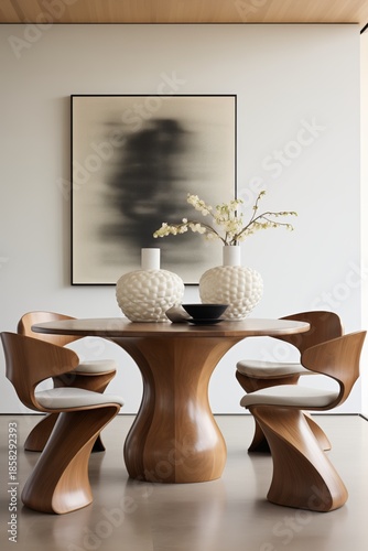 Modern dining room setup with wooden table and unique chairs in a bright space