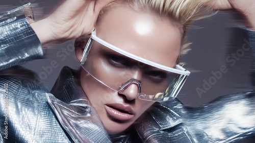 Model poses with futuristic sunglasses in a studio setting during a fashion photo shoot at night