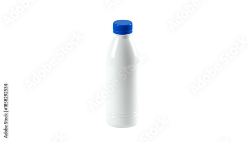A plain white plastic bottle with a blue cap against a black background