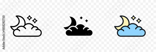 Night weather icons showing moon clouds minimal outline vector set