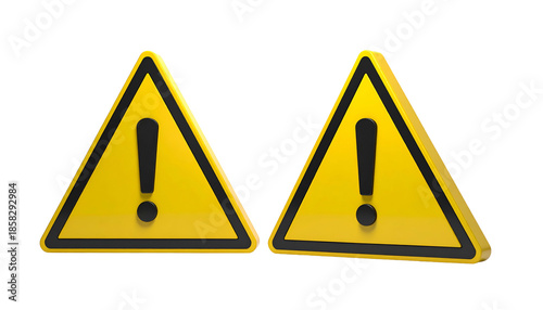 Two 3D triangular warning signs in yellow with black borders and exclamation points