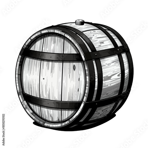Black and White Illustration of a Wooden Barrel