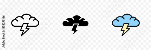 Thunderstorm weather icons with lightning cloud minimal outline vector