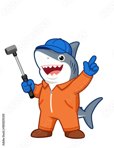 Cartoon shark in orange overalls holding a hammer