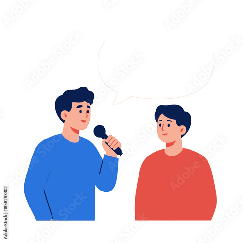 Cartoon man interviewing another man with speech bubble