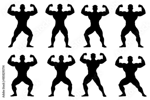 Eight bodybuilders in flexing poses