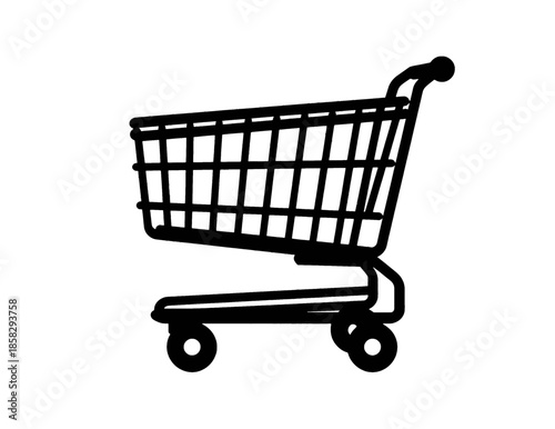 Empty shopping cart with metal frame and wheels.