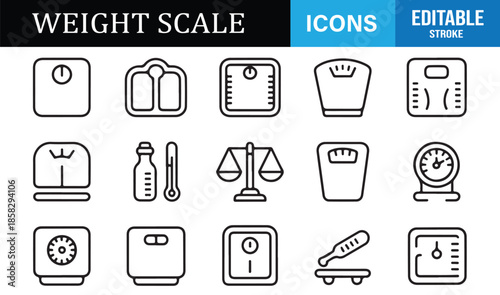 Weight scale and body measurement line icon set