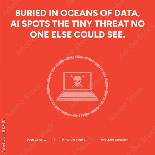 Deep Data Visibility Concept with Red Laptop Scanning for Malware and Skull Threats, Cybersecurity Anomaly Detection Vector Graphic