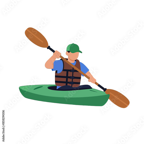 Man paddling green kayak while wearing life vest