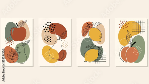 Minimalist Abstract Fruit Wall Art Set - Boho Botanical Line Art Illustration
