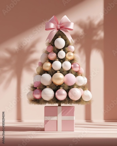 Decorative Christmas tree with pink ornaments and presents in a warm indoor setting