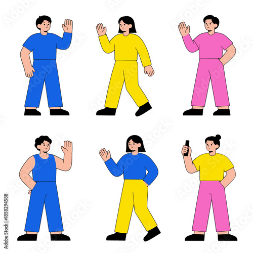 Set of diverse people in colorful outfits waving and gesturing