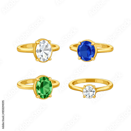 Set of Four Gold Rings with Colorful Gems