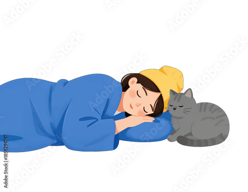 Sleeping child in blue pajamas cuddling a gray cat