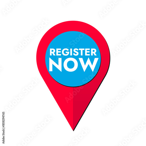 Red-blue vector banner with text register now in the form of a location icon without background
