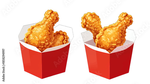 Two crispy fried chicken drumsticks in red boxes