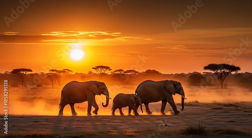 Elephant family walking at sunset in africa wildlife safari adventure travel vacation kenya tanzania tourism