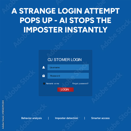 Cybersecurity Login Interface UI for Behavior Analysis and AI Imposter Detection, Identity Protection Concept on Blue Background