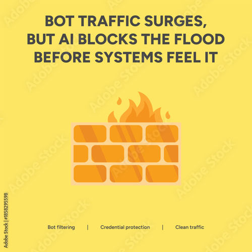 Firewall Brick Wall Icon with Flames Representing Bot Traffic Surge Protection and AI Driven DDoS Defense on Yellow Background