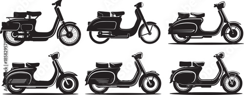 Set of Vintage Moped Scooter Silhouette, Black and White Retro Vector Illustration
