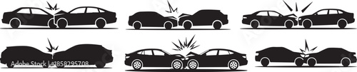 Set of Two Cars Colliding in Road Accident Silhouette, Black and White Vector Illustration