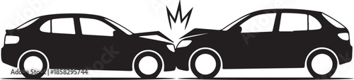 Two Cars Colliding in Road Accident Silhouette, Black and White Vector Illustration