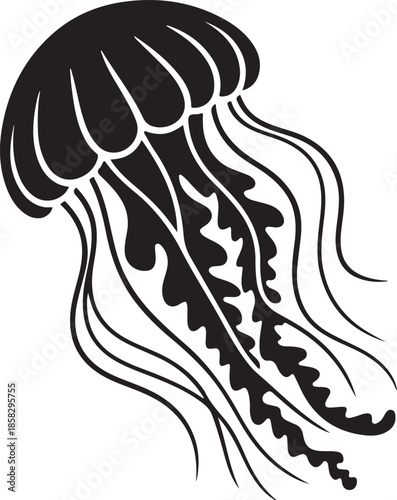 Jellyfish with Flowing Tentacles Silhouette, Black and White Marine Vector Illustration