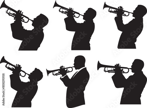 Set of Trumpet Player Silhouettes Jazz Musician, Black and White Band Performance Vector Illustration