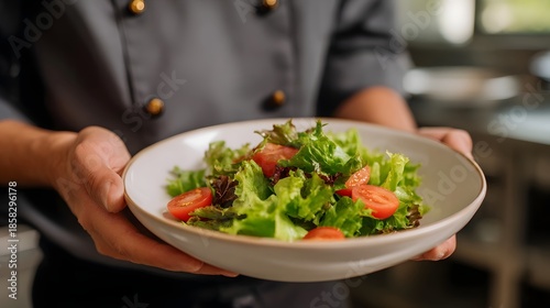 Wallpaper Mural A chef in uniform presents a fresh vibrant green salad with cherry tomatoes in a white bowl Torontodigital.ca