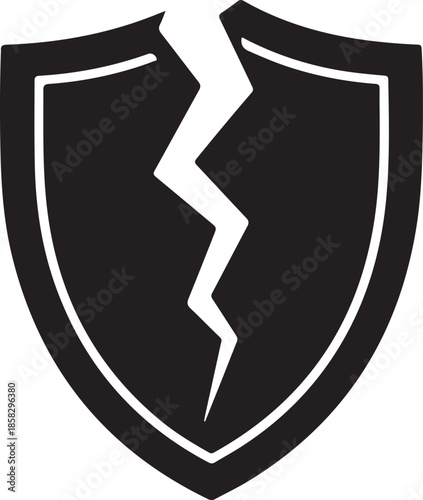 Broken Shield with Cracks Silhouette, Shattered Defense and Security Black and White Vector Illustration