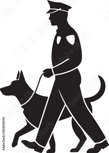 Police Officer Walking Loyal Dog Silhouette, Black and White Vector Illustration