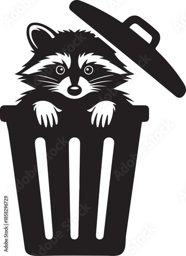 Raccoon Hiding in Trash Can Silhouette, Black and White Wildlife Vector Illustration