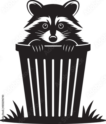 Raccoon Hiding in Trash Can Silhouette, Black and White Wildlife Vector Illustration