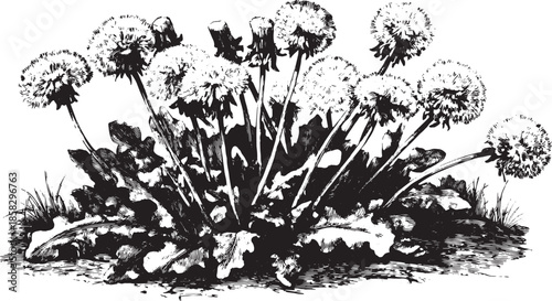 Dandelion flower illustration with detailed leaves and seeds. Black and white vintage floral graphic set for educational purposes, featuring vector art.
