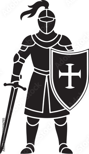 Knight in Armor with Sword and Shield Silhouette, Black and White Medieval Vector Illustration