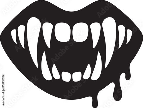 Bloody Vampire Fangs Silhouette, Halloween Horror Black and White Vector Illustration