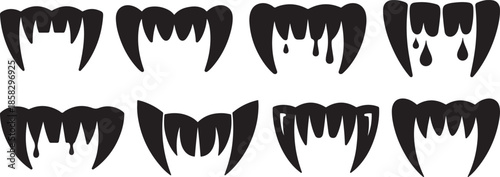 Set of Bloody Vampire Fangs Silhouette, Halloween Horror Black and White Vector Illustration