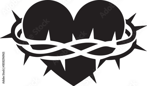 Heart Wrapped in Thorny Crown Silhouette, Pain and Love Black and White Vector Illustration