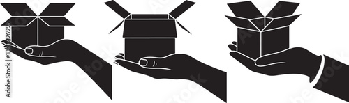 Set of Hand Holding Open Cardboard Box Silhouette, Black and White Vector Illustration