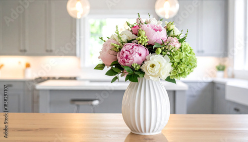 Wallpaper Mural Beautiful floral arrangement in a white vase on a wooden table in a modern kitchen Torontodigital.ca
