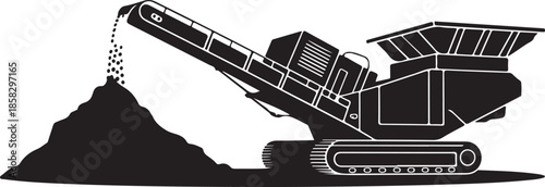 Industrial Rock Crusher Machine with Conveyor Belt Silhouette, Black and White Vector Illustration