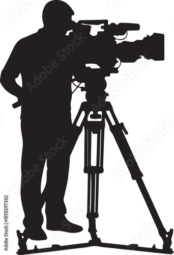 Silhouette of videographer operating camera on tripod