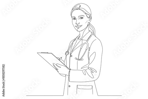 Practitioner Female Doctor,
General Practitioner Female Doctor Line Art – Medicine Vector Icon Illustration