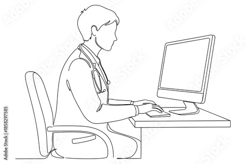 Doctor with laptop,
One Continuous Line Female Doctor – Online Therapist Telemedicine Remote Patient Monitoring Illustration