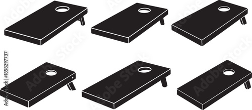Set of Cornhole Board with Hole Silhouette, Black and White Vector Illustration