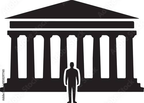 Building with Columns and Person Silhouette, Black and White Vector Illustration